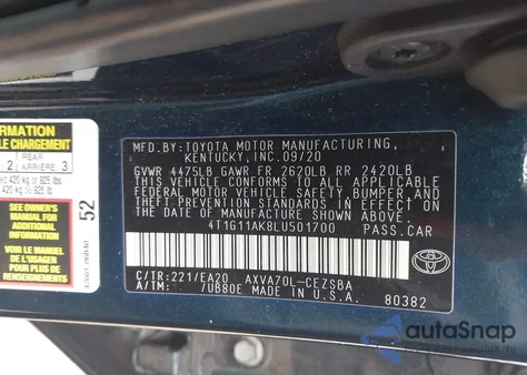 2020 Toyota Camry Se z USA, uszkodzony, nr VIN 4T1G11AK8LU501700